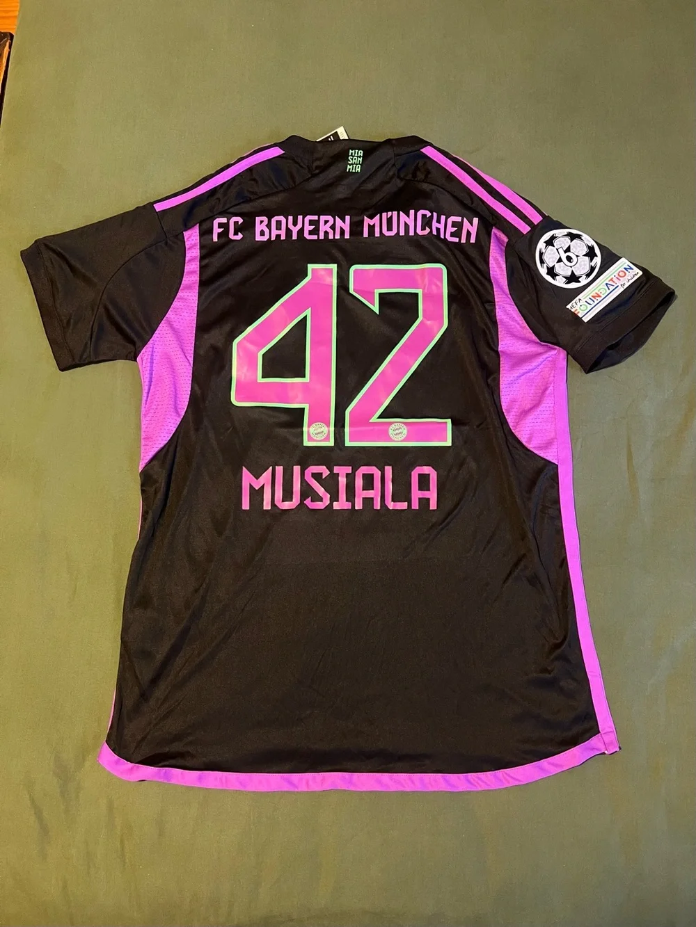 Adidas Bayern Munich Jamal Musiala #42 Black Soccer Jersey with Pink Trim
